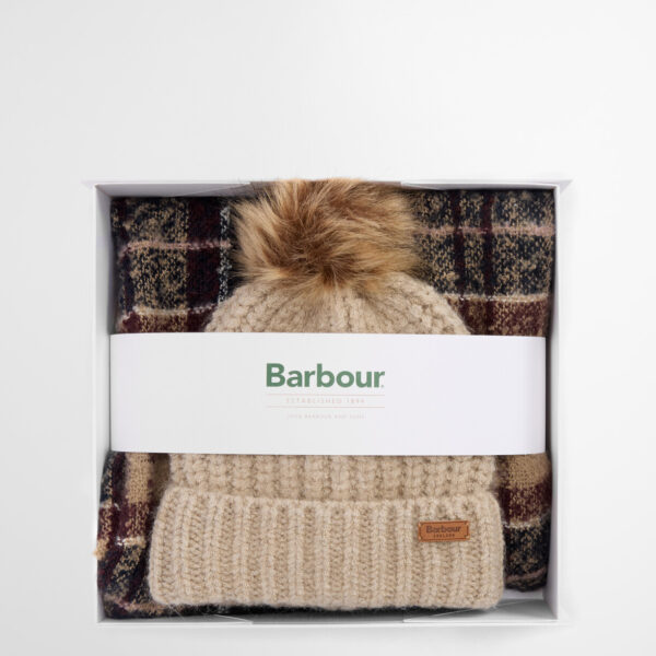 Barbour Saltburn Beanie & Tartan Scarf Gift Set - Gardenia Tartan